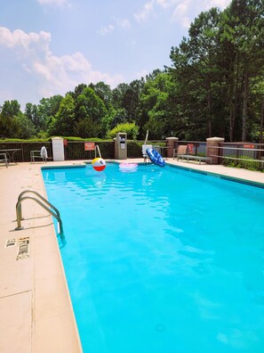 Seasonal outdoor pool, pool umbrellas, pool loungers