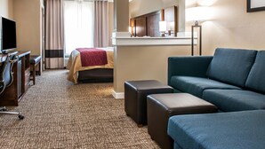 Une chambre d’hôtel comprenant un lit, un bureau avec une chaise, un canapé et un téléviseur.