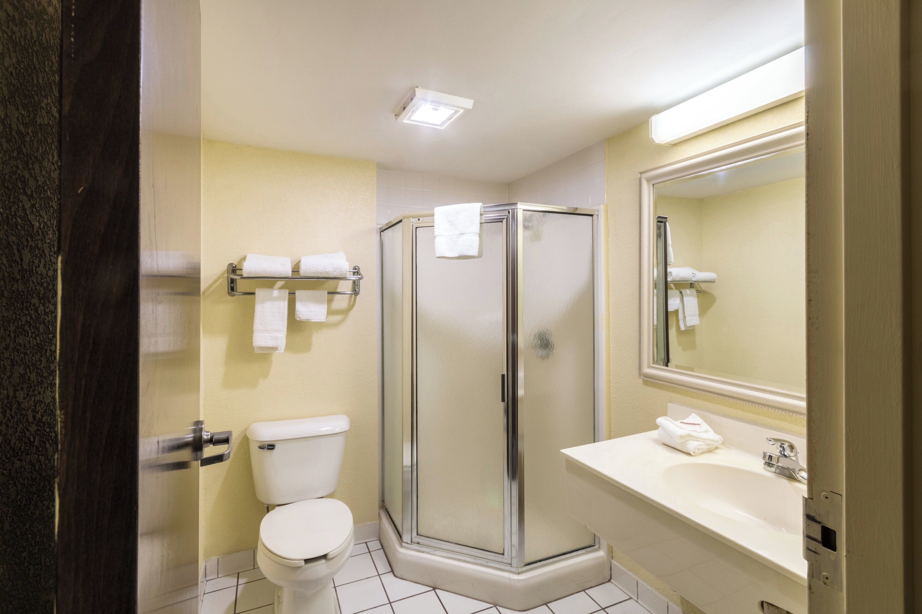 A bathroom with a toilet, a glass-enclosed shower, and a sink with a mirror.