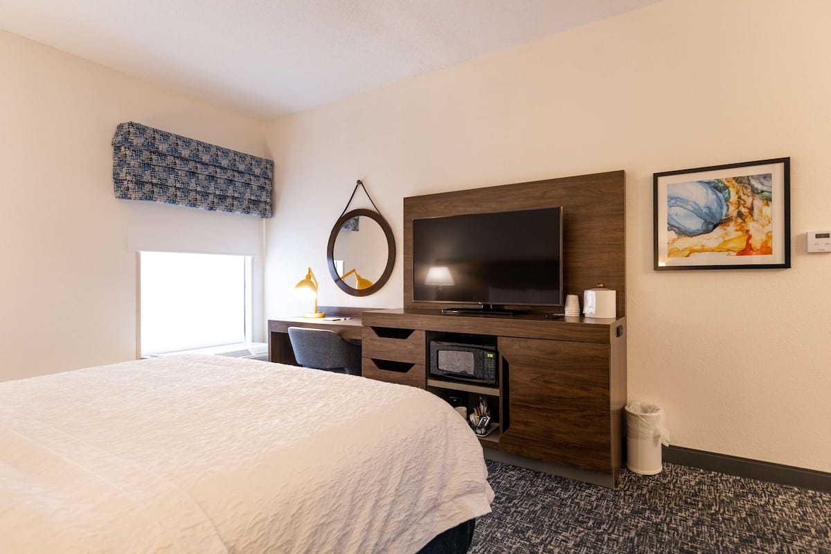 A hotel room with a large bed, a flat-screen TV, a microwave, and a desk with a chair.