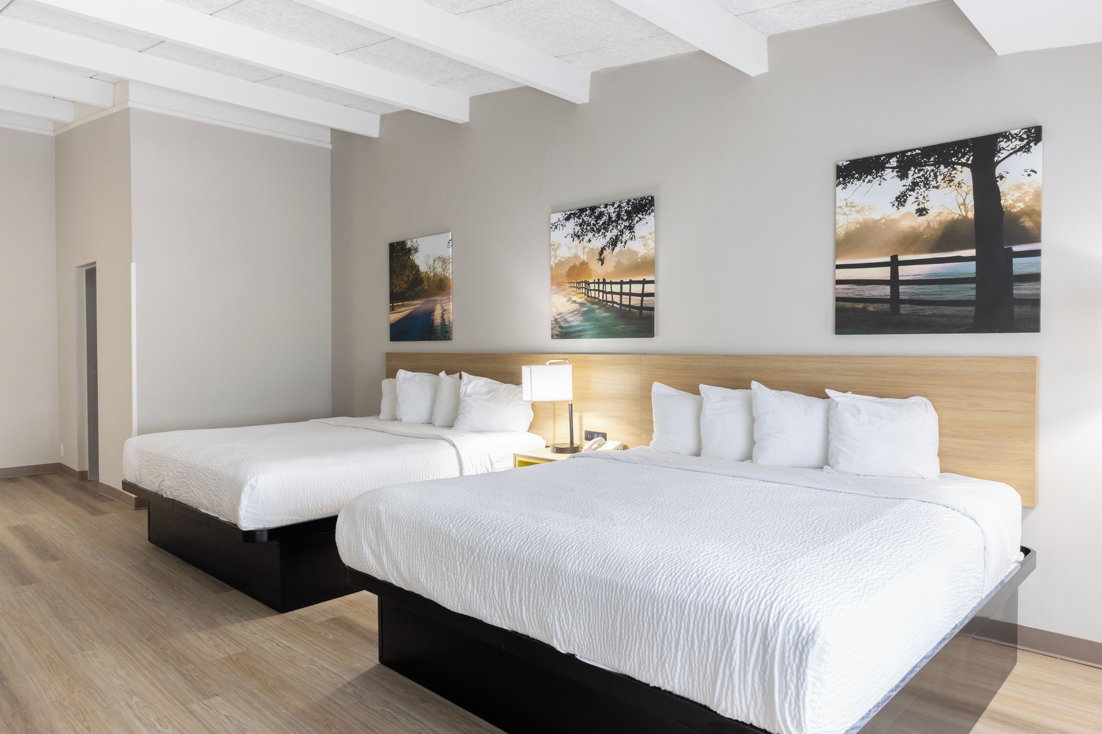 Habitación de hotel con dos camas, cabecero de madera, mesita de noche con lámpara y tres cuadros de paisajes en la pared.