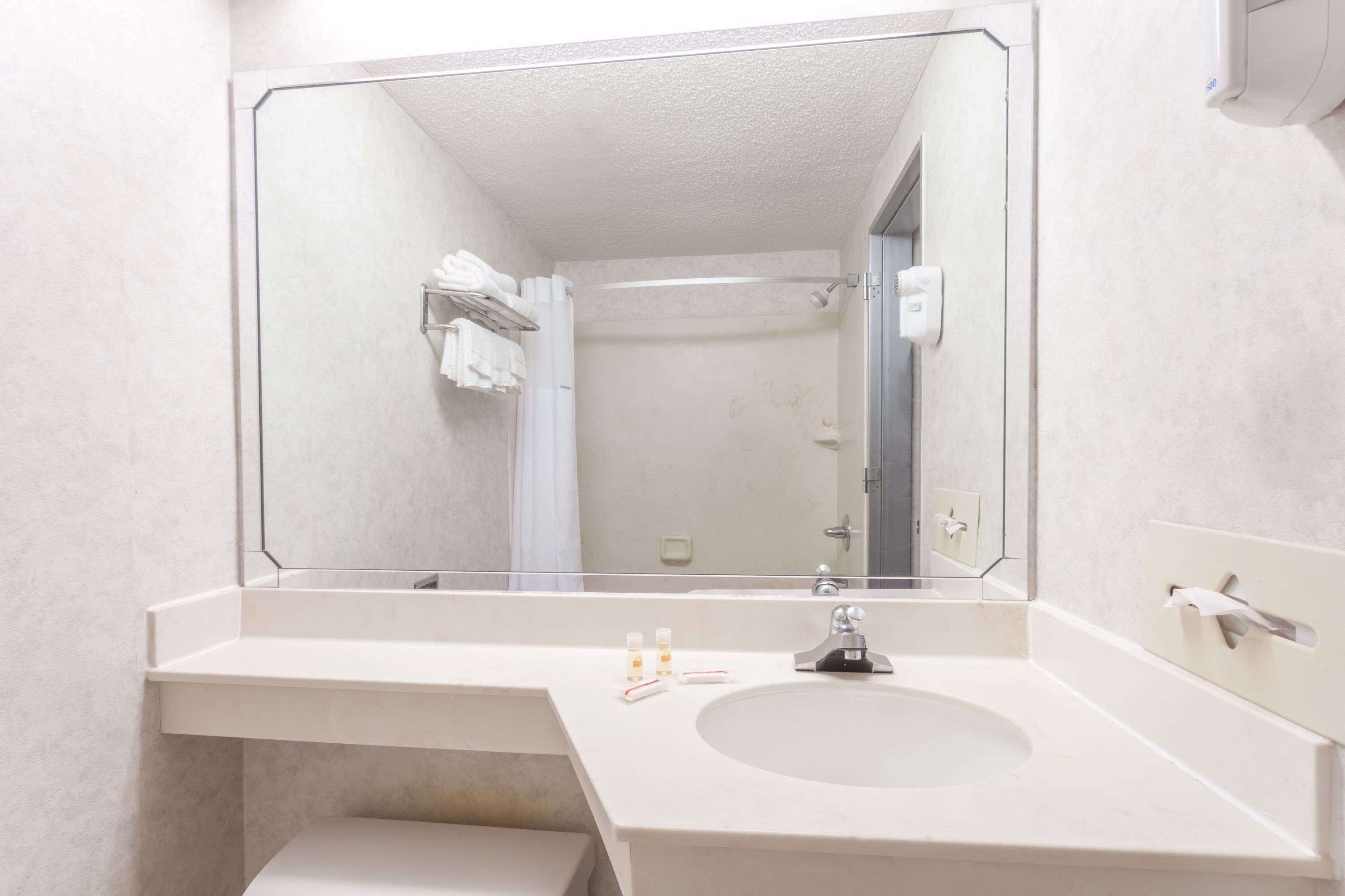 A bathroom with a large mirror, a sink, and a shower area.