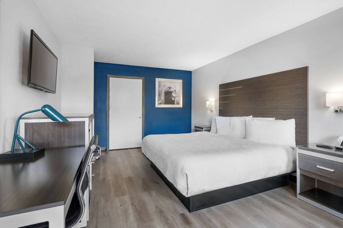 Ein modernes Hotelzimmer mit Bett, Nachttischen, einem Schreibtisch mit Stuhl, einem Flachbildfernseher und einer Tür zu einem weiteren Raum.