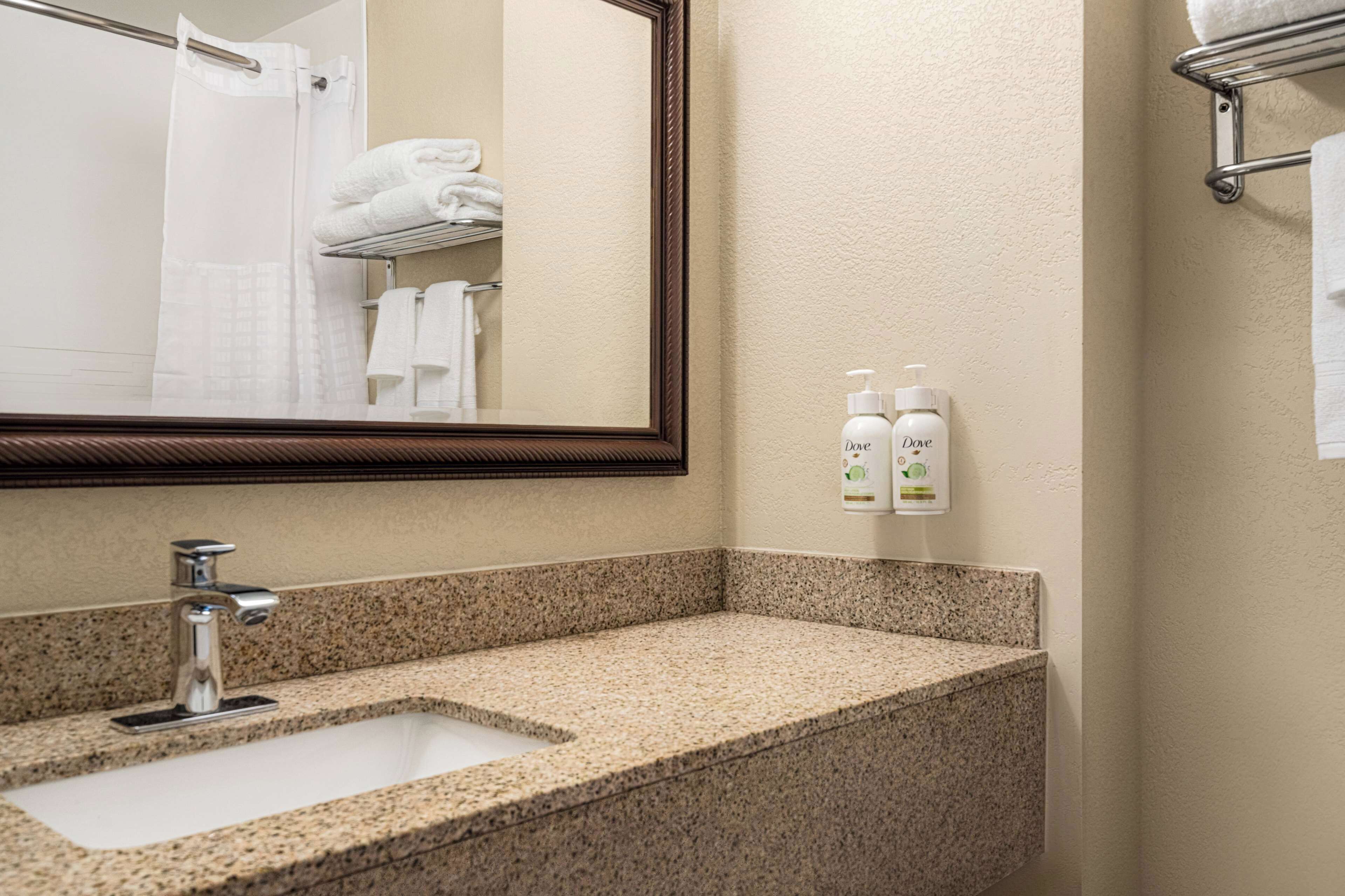 Baño con lavamanos de encimera de granito, un espejo, toallero y dos botellas de desinfectante de manos Dove.