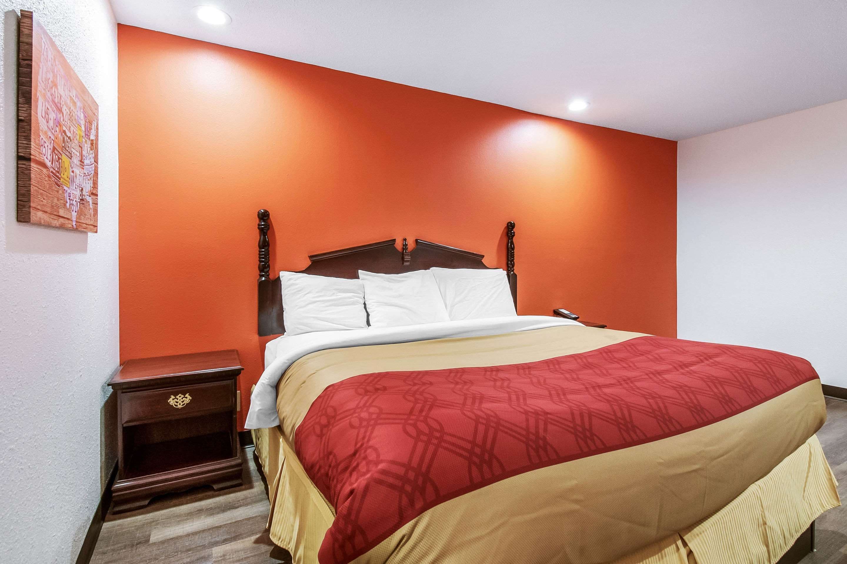 Una habitación de hotel con una cama individual, una mesita de noche y un cuadro colgado en la pared.