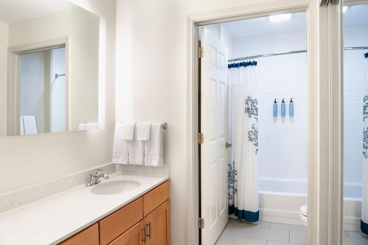 combined shower/bathtub, free toiletries, hair dryer, towels