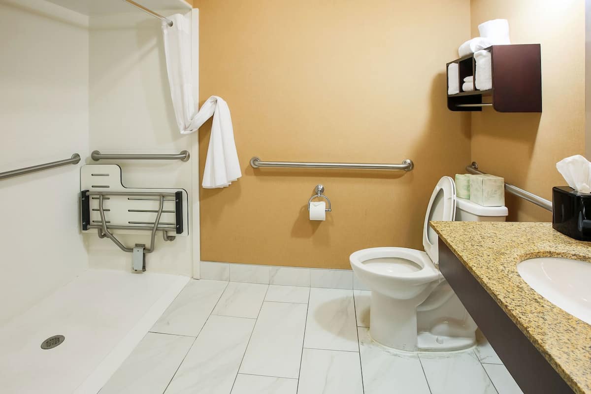 A bathroom with a toilet, sink, towel rack, and handrails.