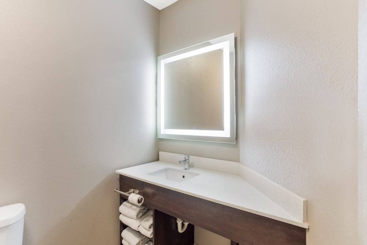 combined shower/bathtub, free toiletries, hair dryer, towels