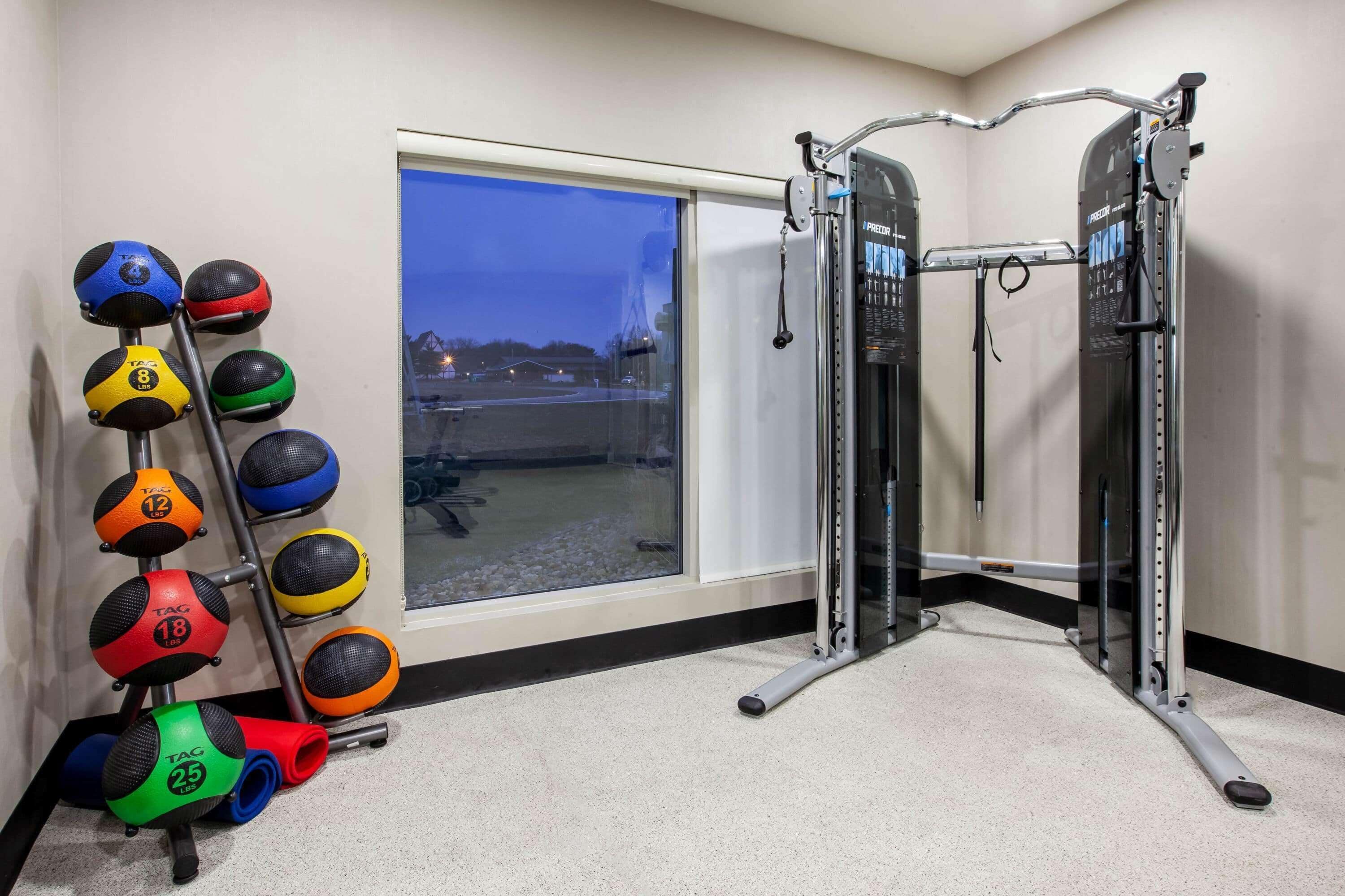 A gym with a pull-up bar, a rack of medicine balls, and a window with a view of a parking lot.