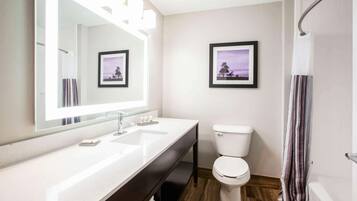 Combined shower/bathtub, hair dryer, towels