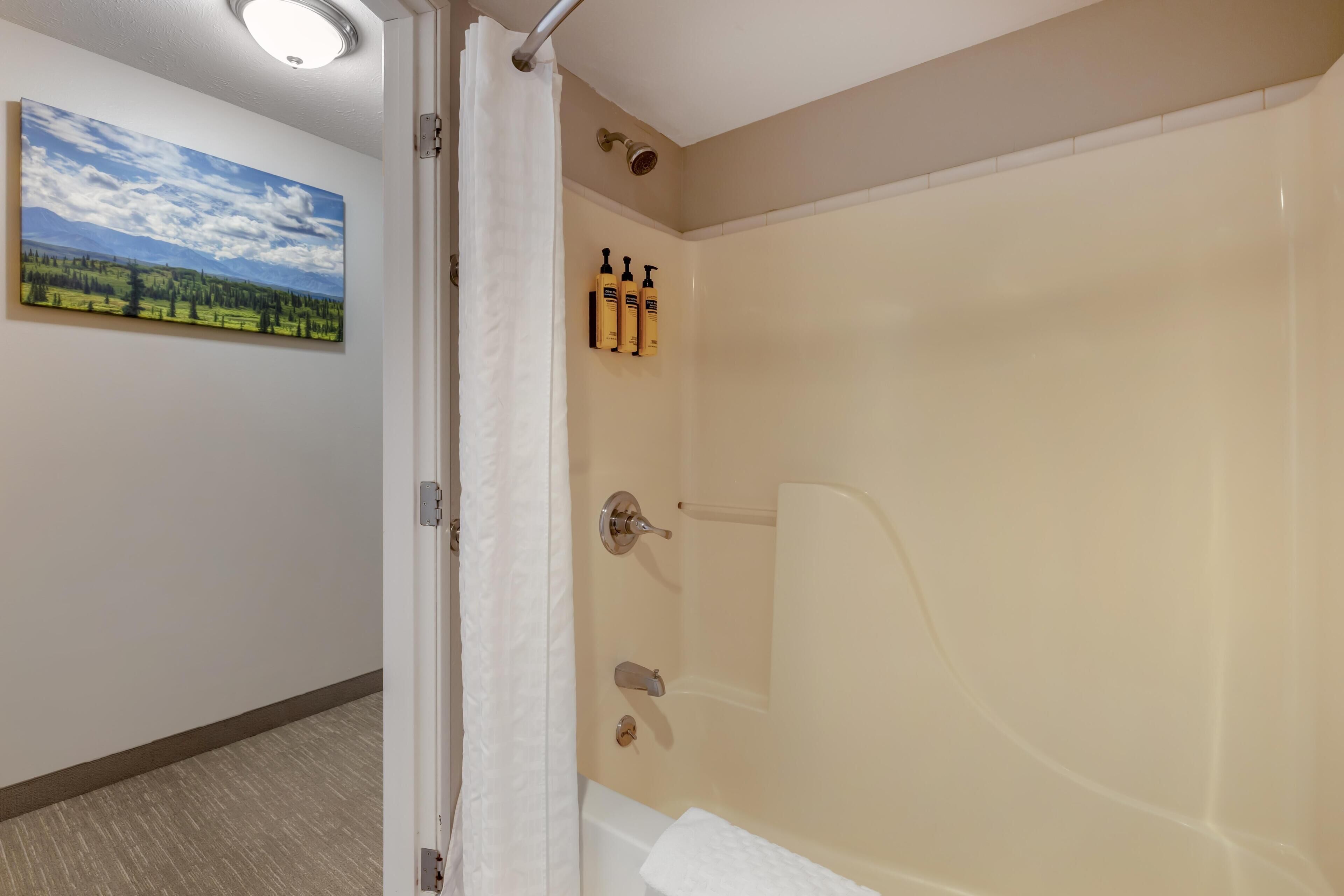 A bathroom with a bathtub, a shower, and a toilet. There is a painting on the wall and toiletries on the wall.