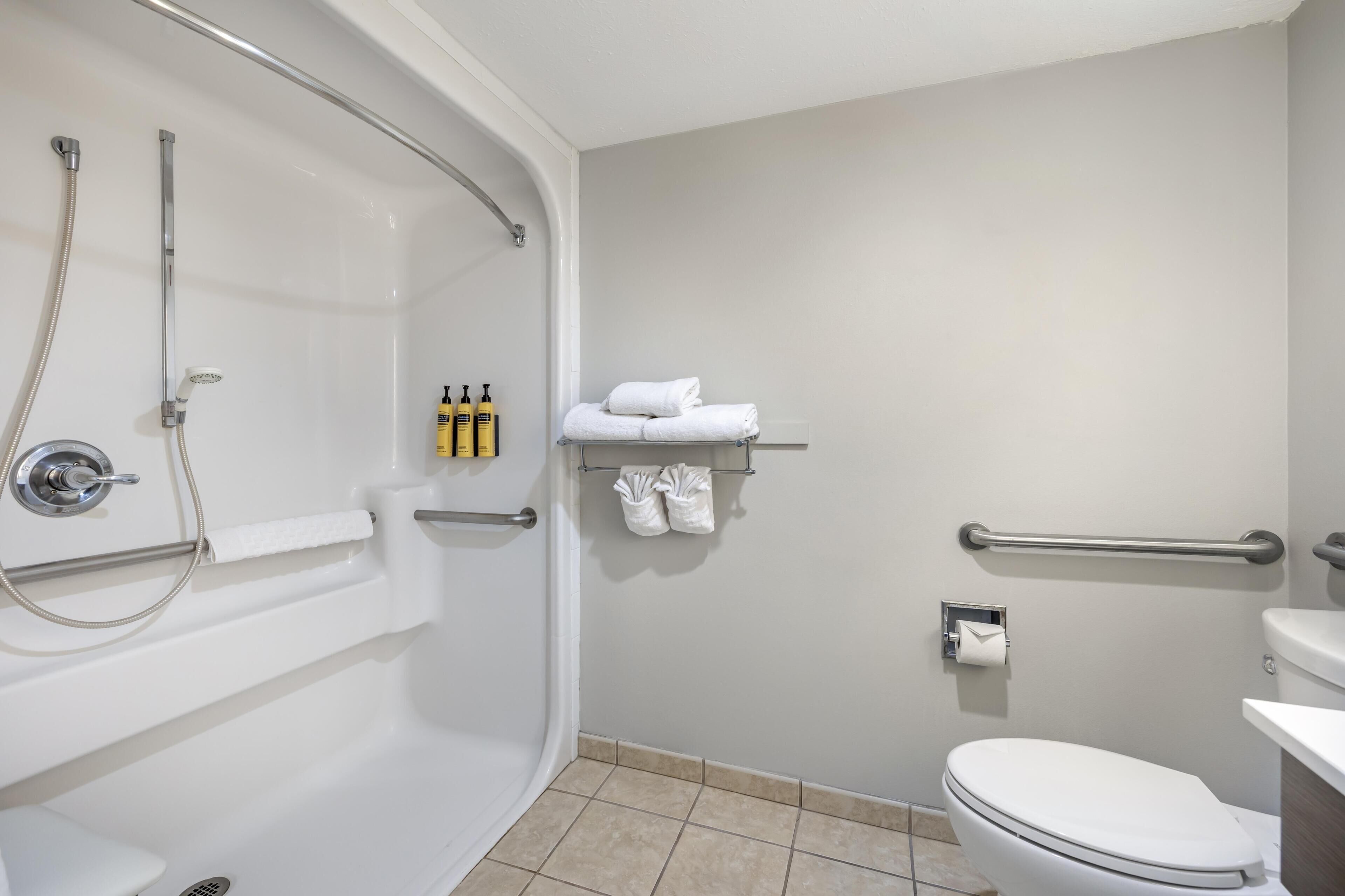 A modern bathroom with a bathtub, toilet, and handrails.