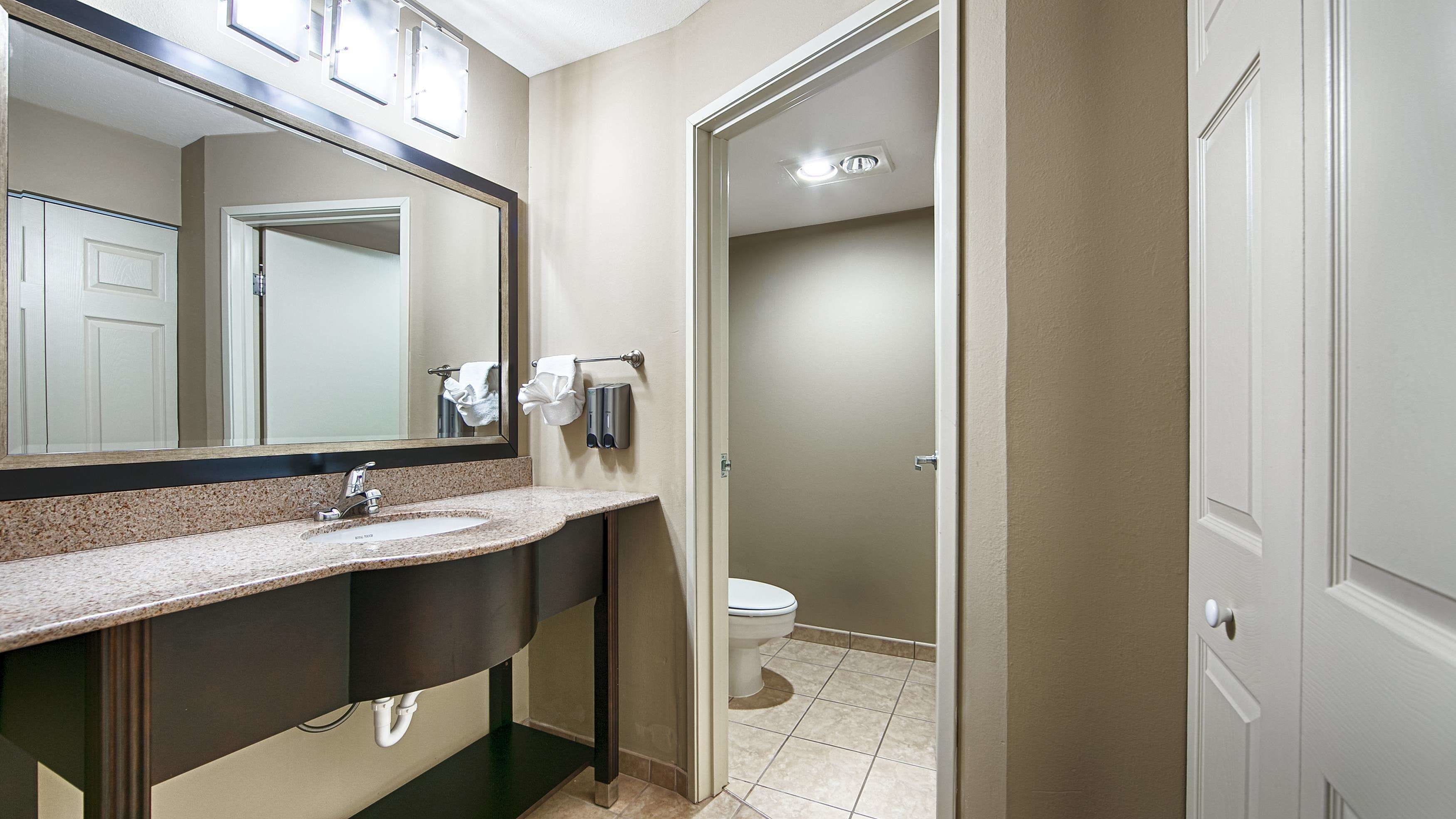 standard room, 1 king bed, non smoking, refrigerator & microwave | bathroom | free toiletries, towels