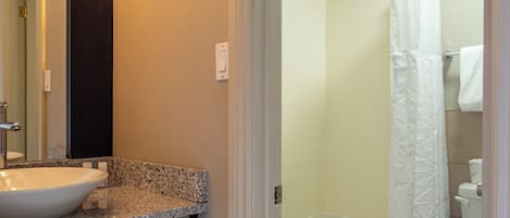 A bathroom with a sink, mirror, shower, and toilet.