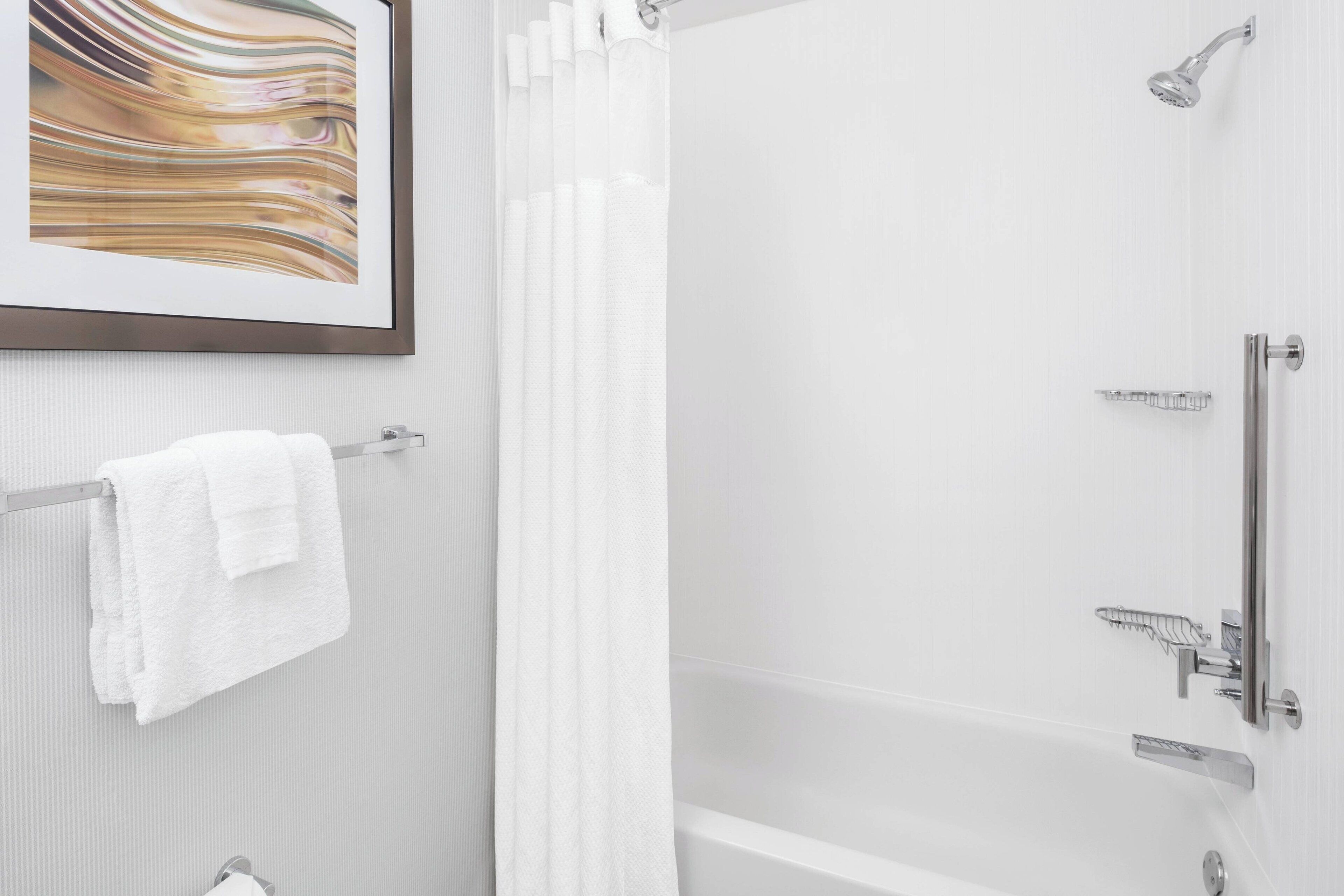 combined shower/bathtub, free toiletries, hair dryer, towels