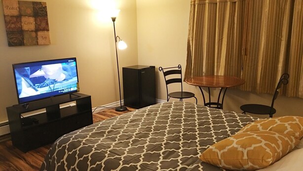 Une chambre à coucher avec un lit, une télévision, un lampadaire, une petite table et une chaise.