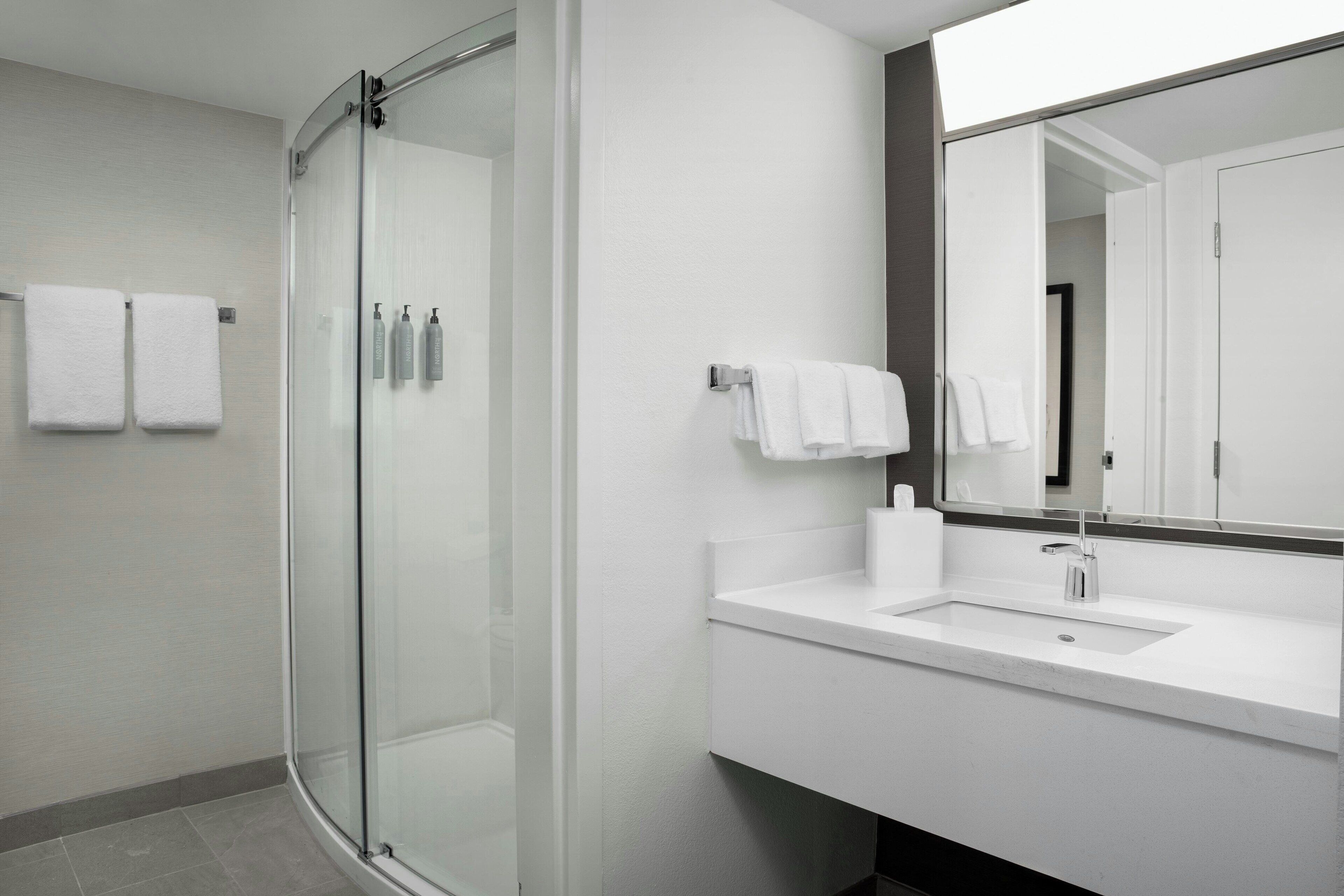 combined shower/bathtub, free toiletries, hair dryer, towels