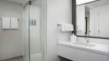 Un baño moderno con ducha envuelta en vidrio, un lavabo blanco y un espejo grande.