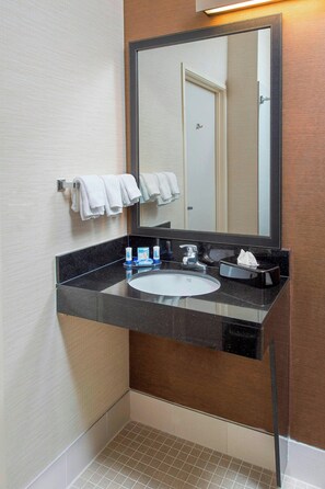 Combined shower/bathtub, free toiletries, hair dryer, towels