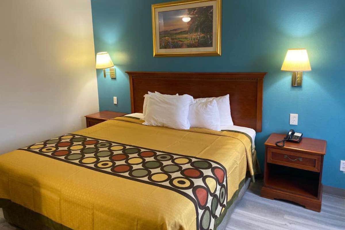Une chambre d’hôtel avec un lit, deux lampes de chevet, une table de chevet et un tableau encadré au mur.