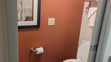 A bathroom with a toilet, a towel rack, and a framed picture on the wall.