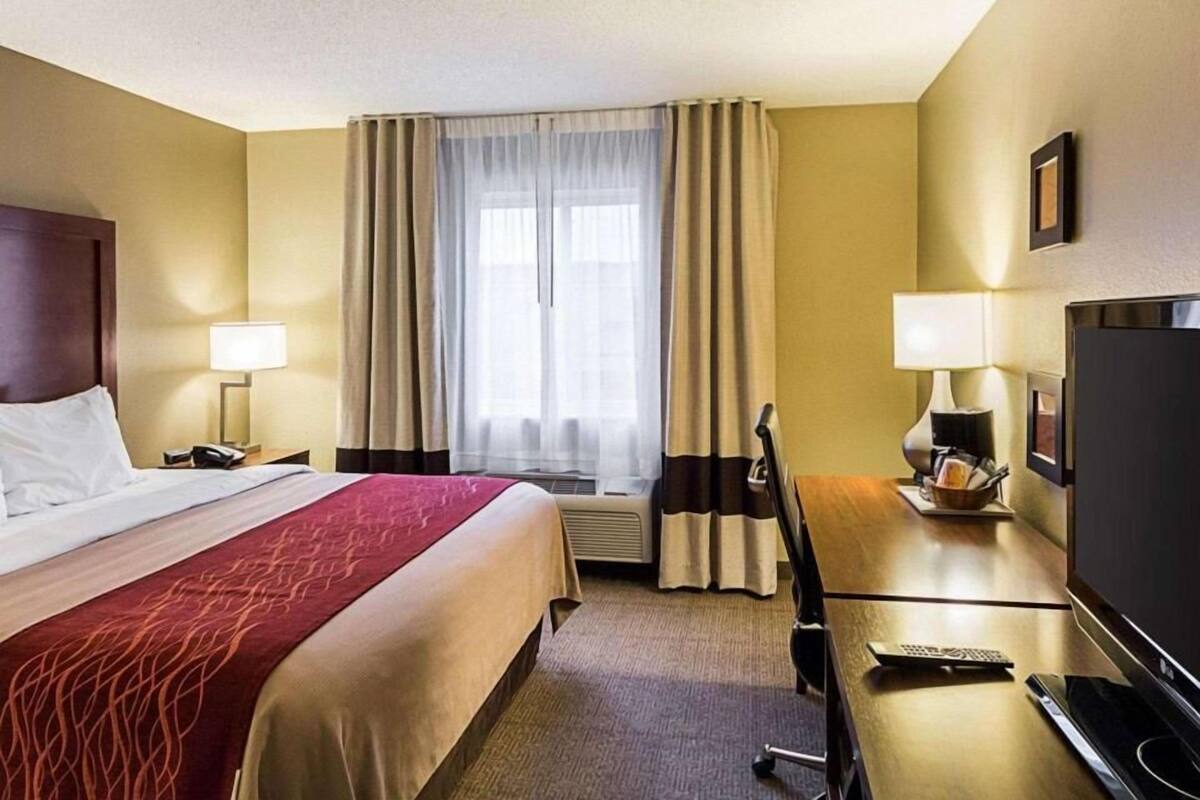 A hotel room with a bed, a desk, a TV, and a window with curtains.