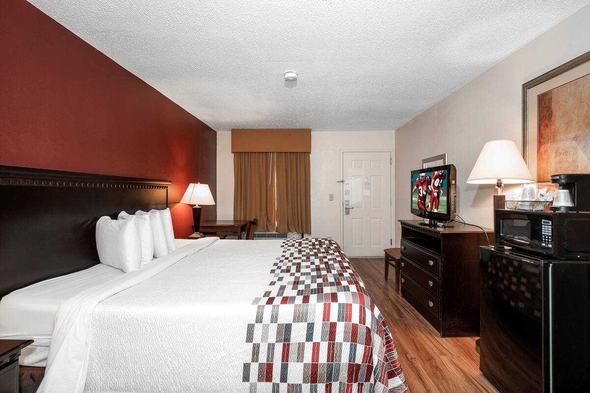 A hotel room with a large bed, a television, a microwave, and a dresser.