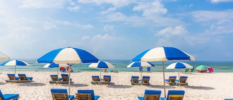 A beach with rows of blue and white beach umbrellas and lounge chairs, some labeled with names.