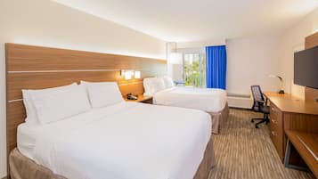 Habitación de hotel con dos camas, un escritorio, una silla, un televisor y una ventana con vistas a zonas verdes.