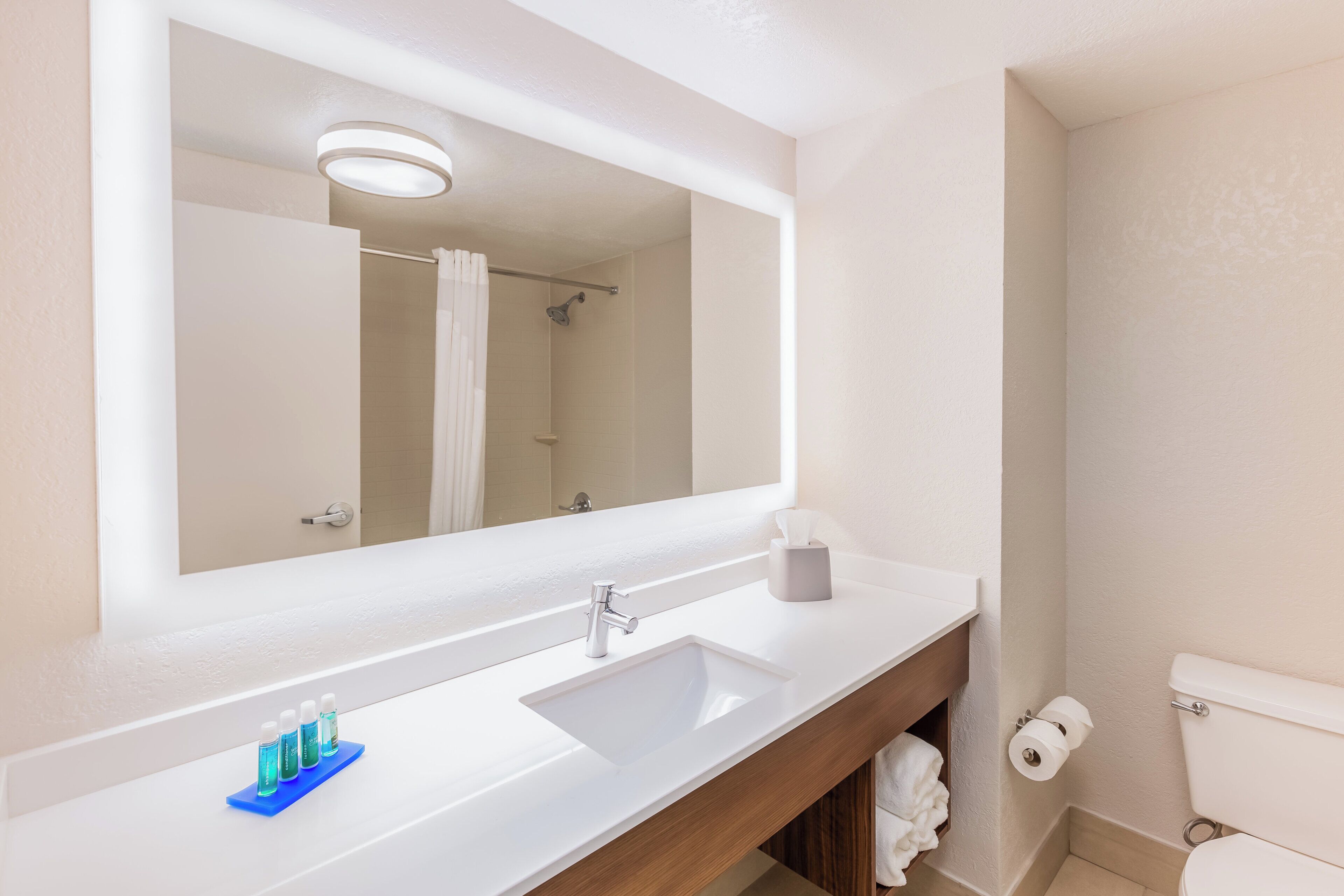 A bathroom with a white sink, a mirror, and a shower.