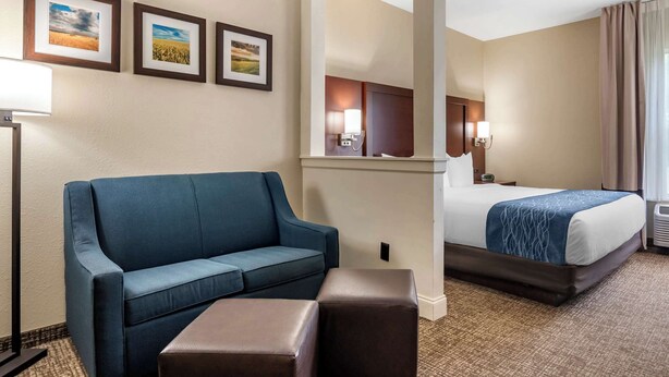 Habitación de hotel con sofá azul, cama con manta azul y tres cuadros en la pared.