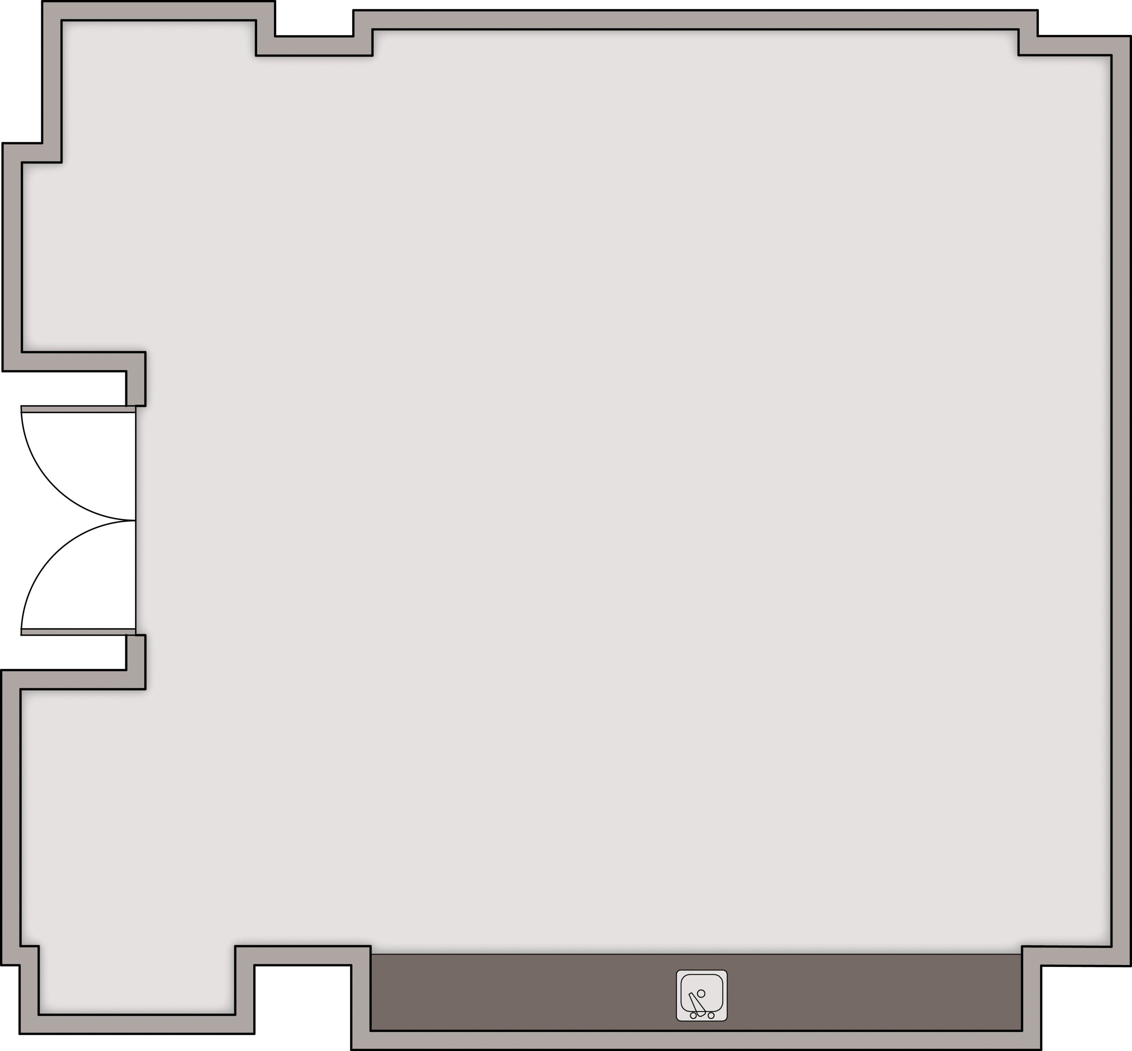 A hotel room layout with a bed, a small bathroom, and a storage area.