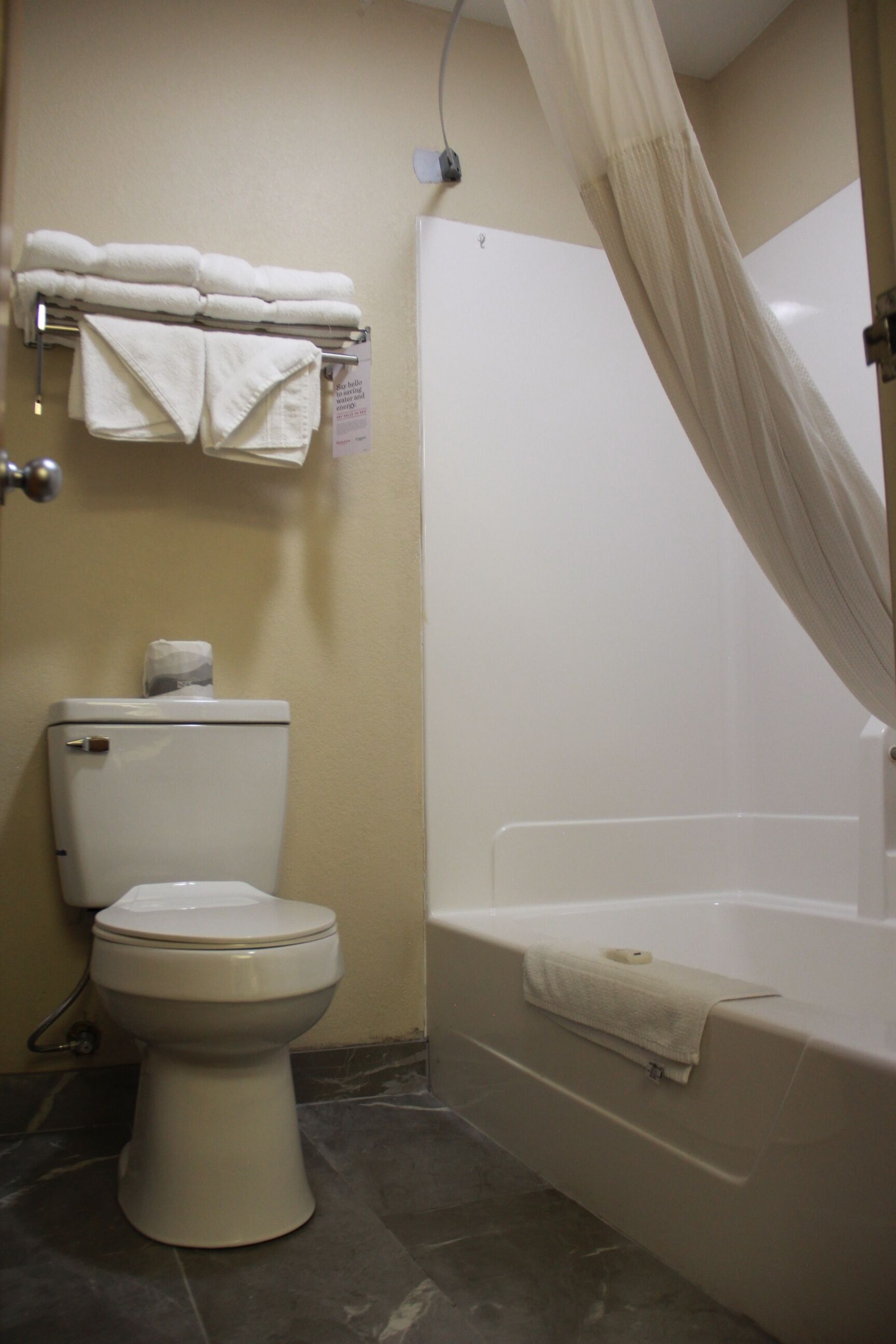 A bathroom with a toilet, a towel rack, and a bathtub.