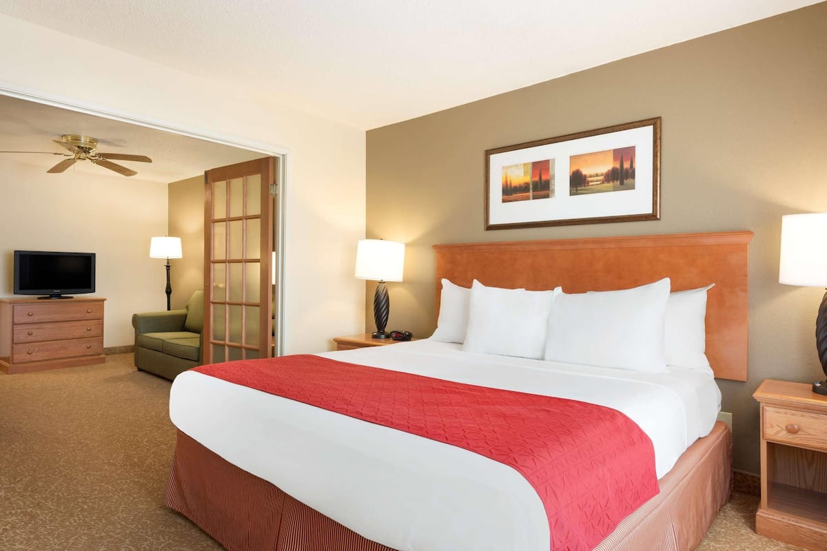 Une chambre d’hôtel avec un grand lit, une télévision, un bureau avec une lampe et un ventilateur de plafond.