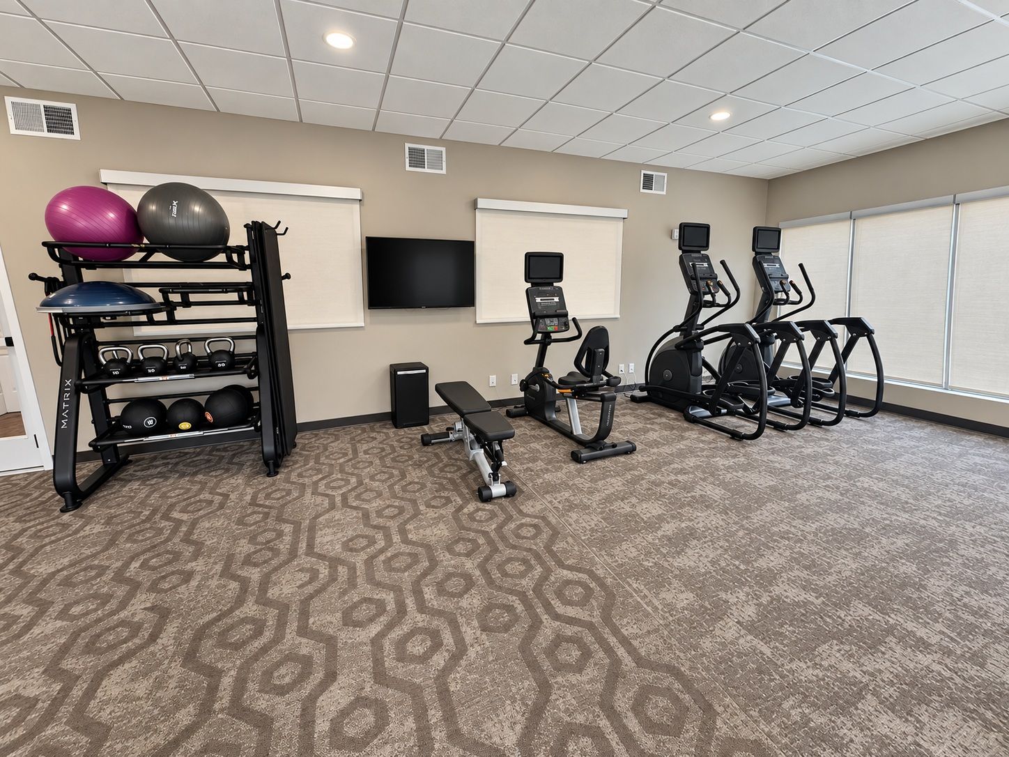 A fitness room with exercise equipment, a television, and a patterned carpet.