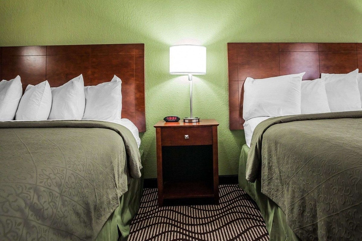 A hotel room with two beds, a nightstand with a lamp, and green walls.