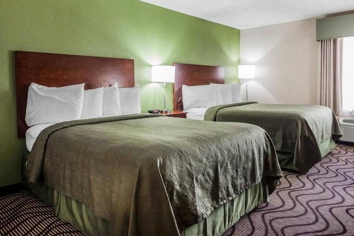 A hotel room with two beds, green walls, a patterned carpet, and a nightstand with a lamp.