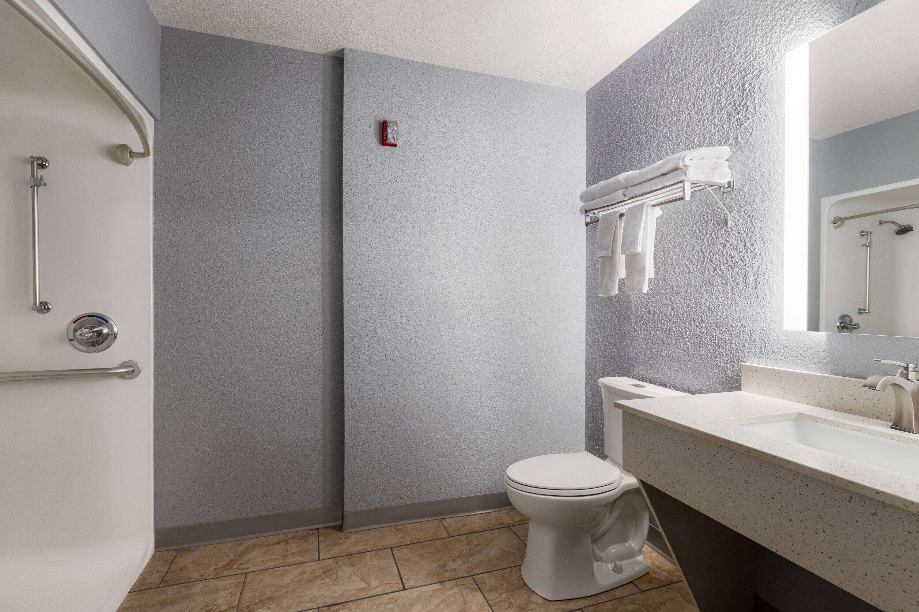 A bathroom with a white toilet, a sink with a mirror, and a shower area.