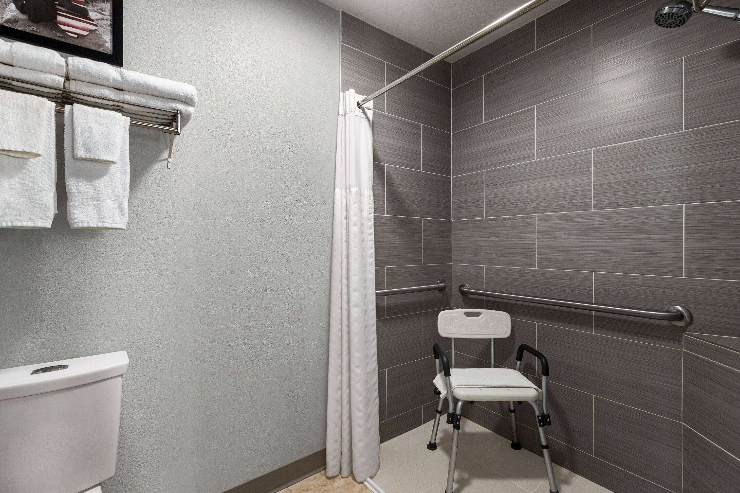 A modern bathroom with a shower, a toilet, and a grab bar for support.