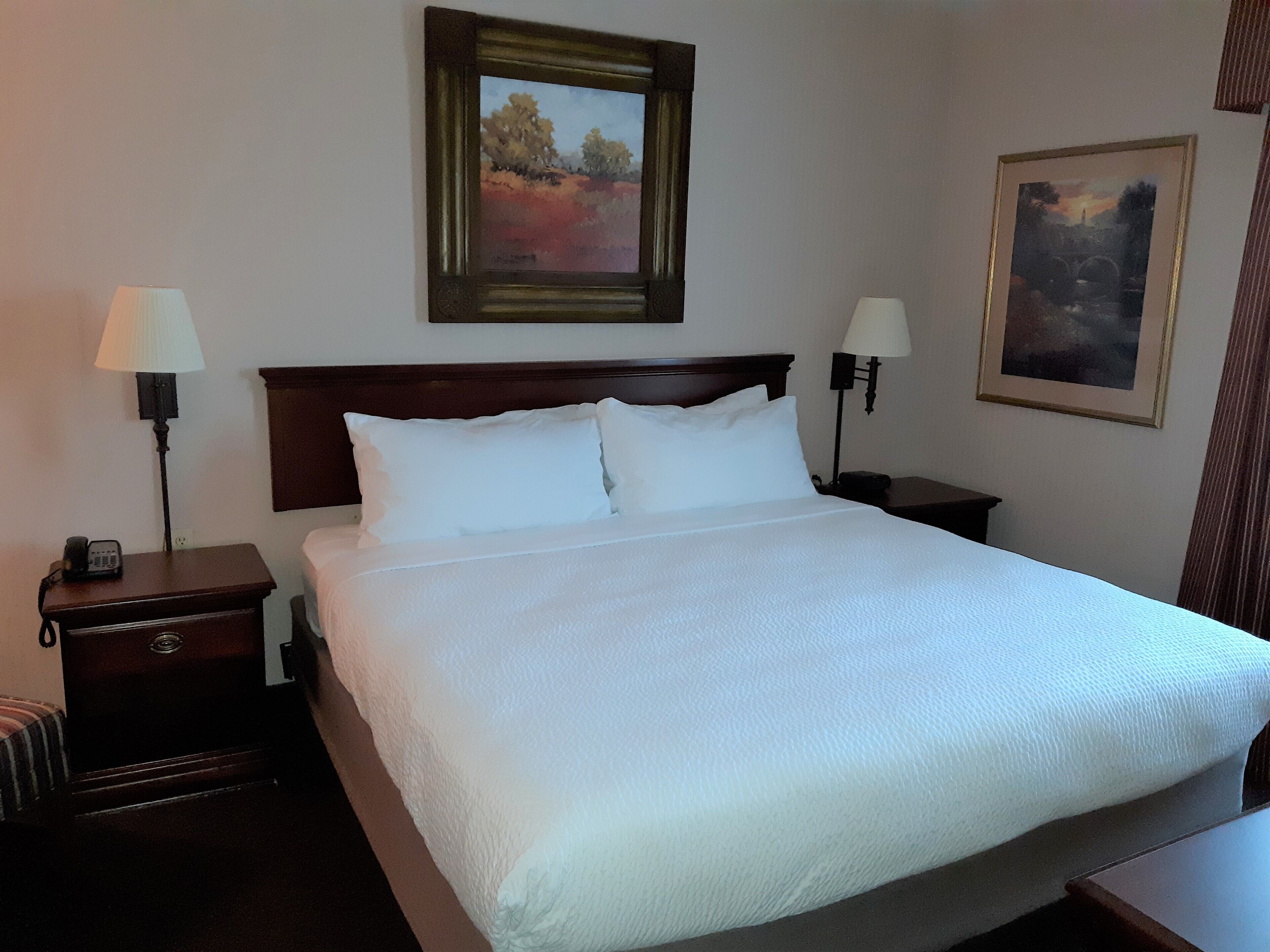 A hotel room with a large bed, two bedside tables, a nightstand, and two wall-mounted lamps.