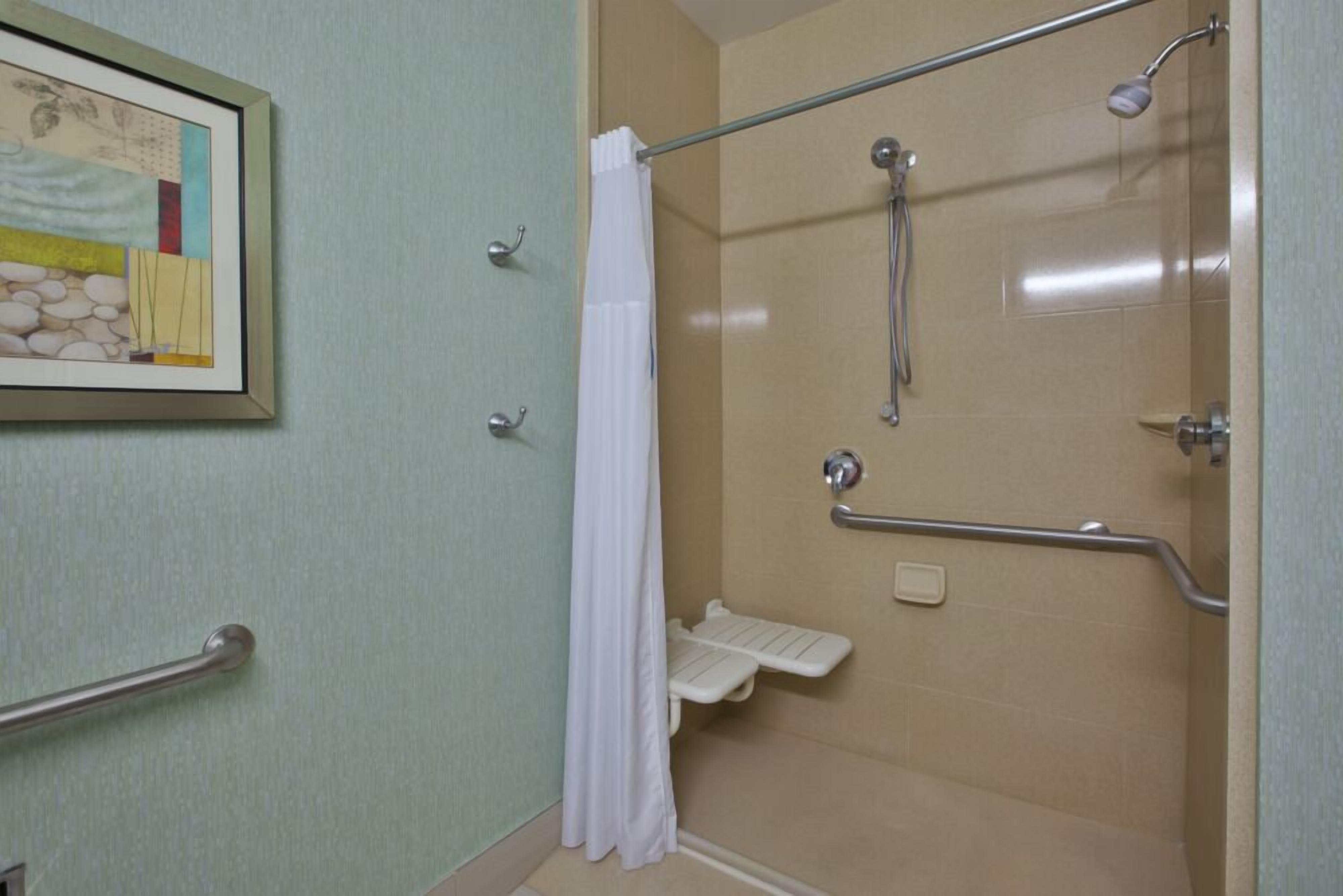standard room, 1 king bed hearing accessible w/ roll-in shower | bathroom | free toiletries, hair dryer, towels, soap
