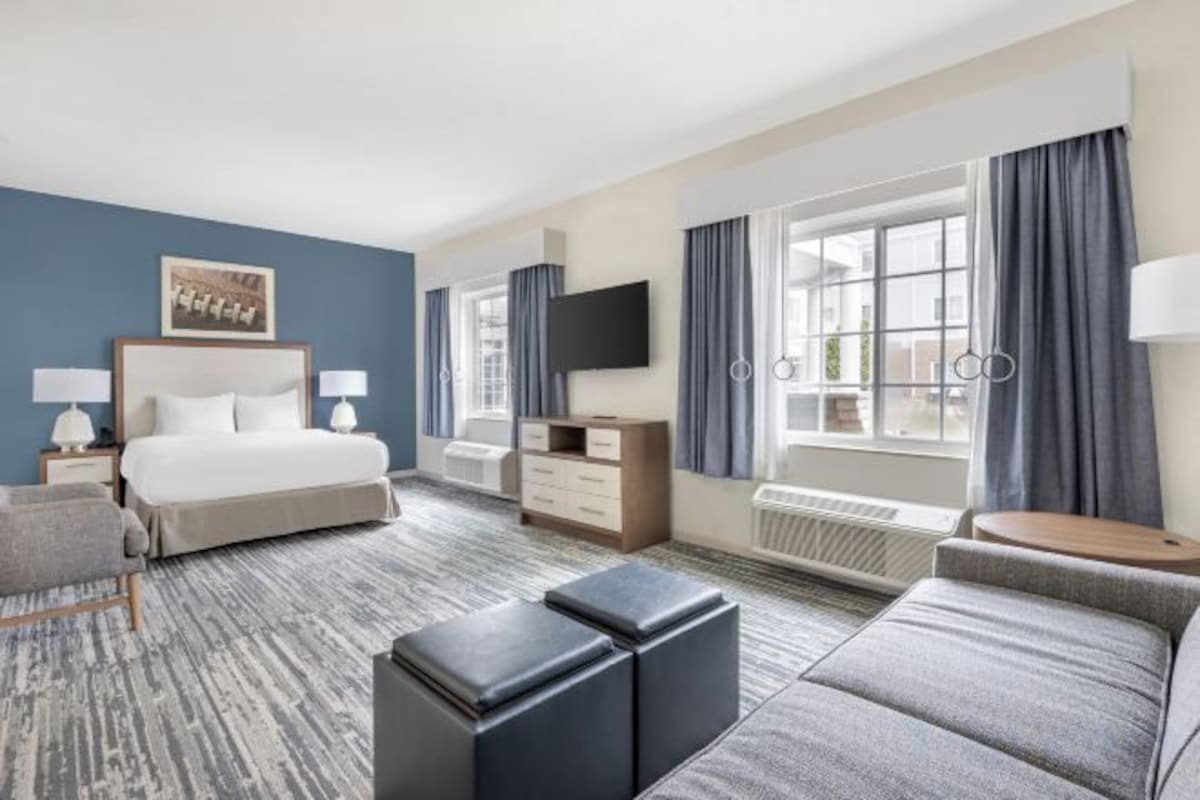 Habitación de hotel con cama, escritorio, televisor de pantalla plana, sofá y ventana con cortinas.