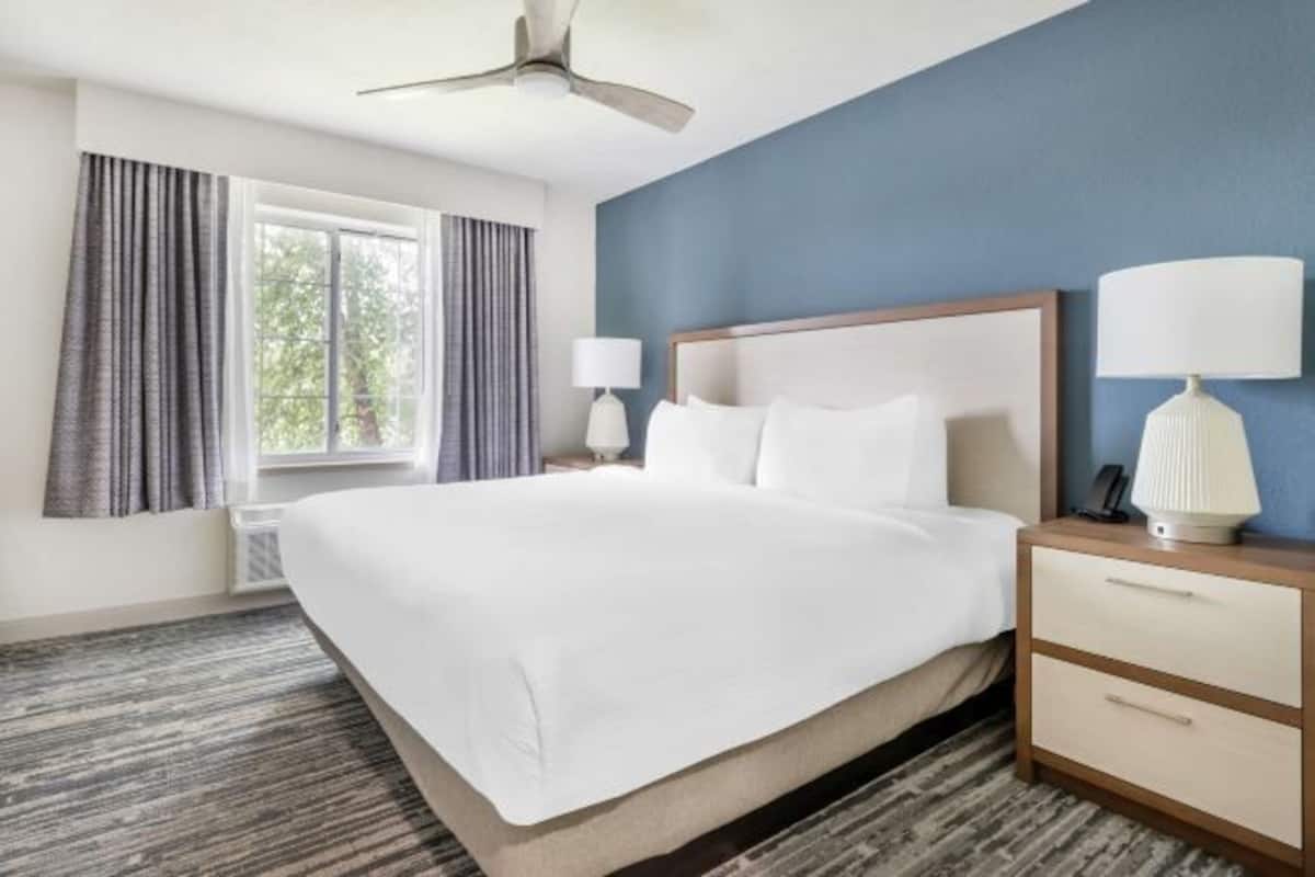 1 bedroom, desk, blackout drapes, iron/ironing board