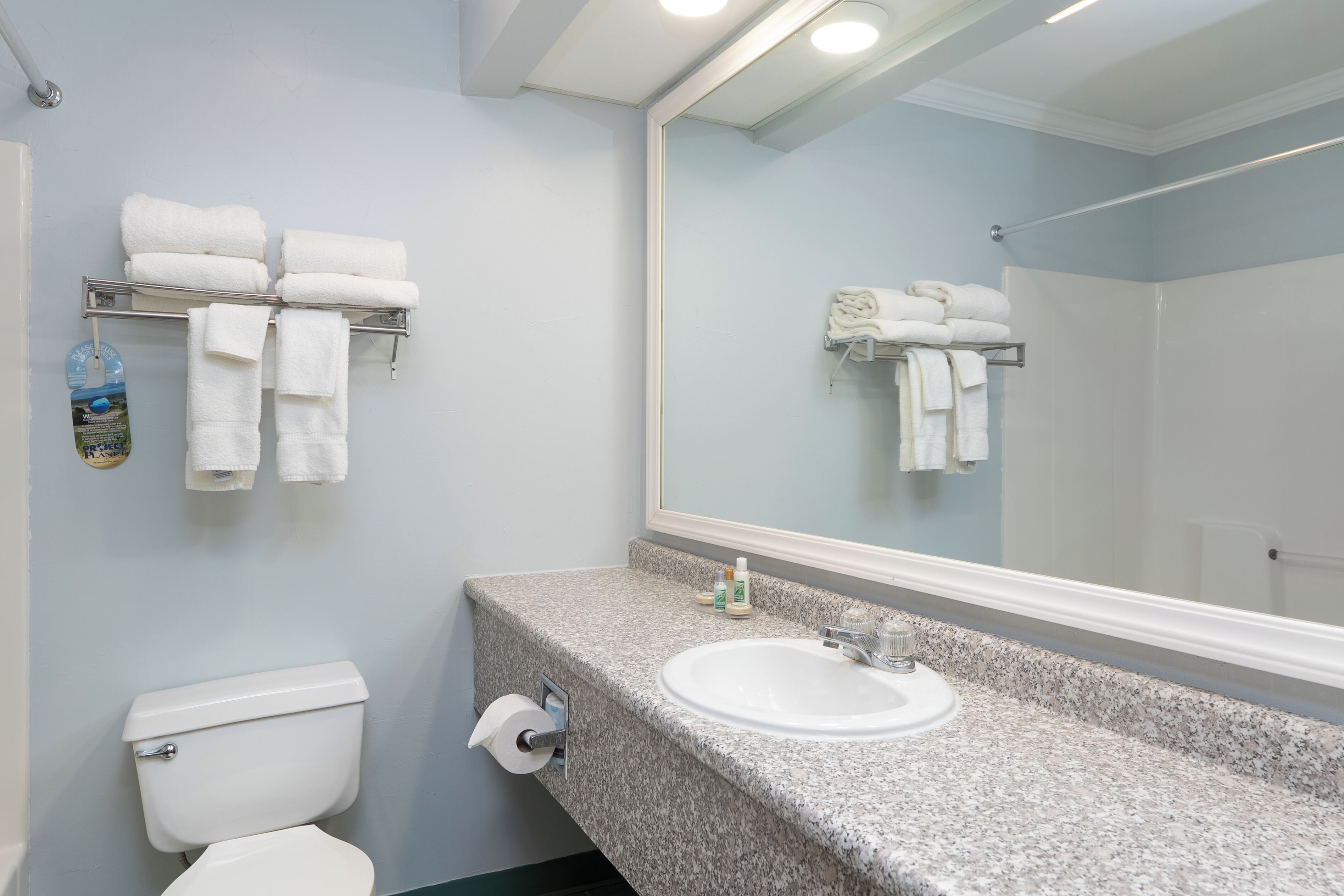 combined shower/bathtub, free toiletries, hair dryer, towels