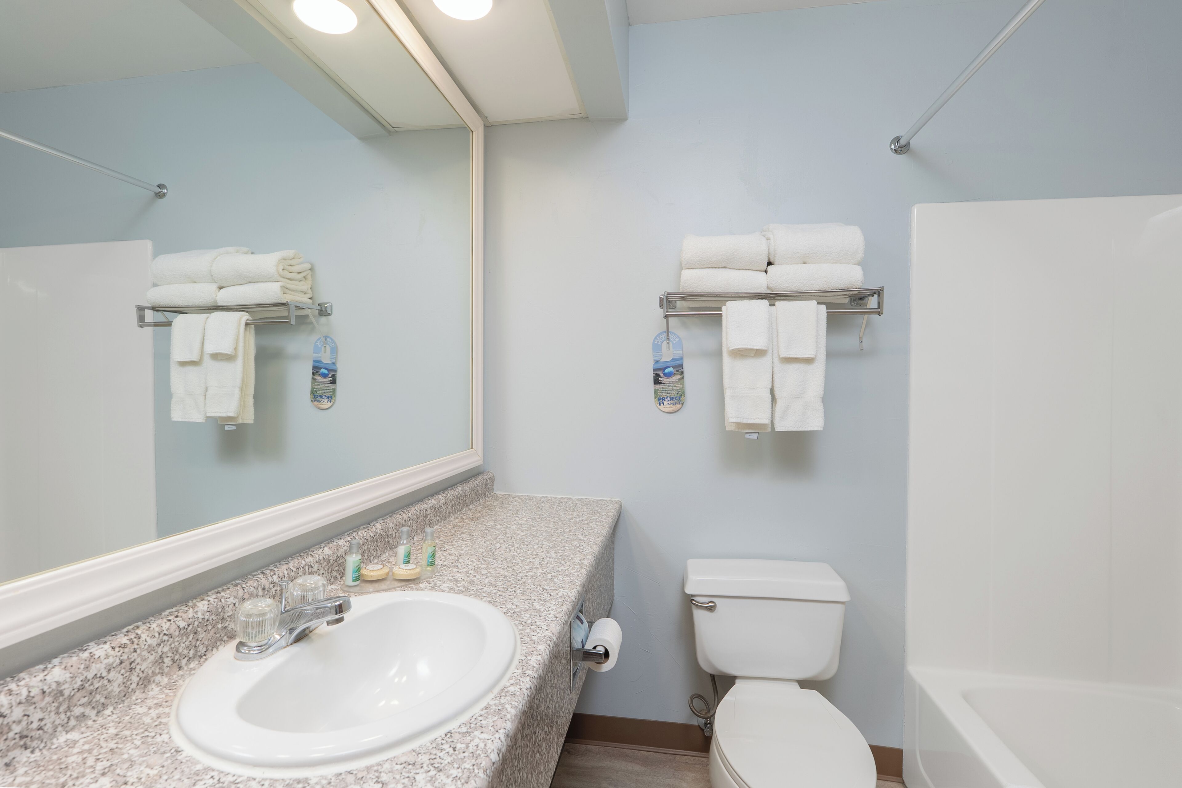 combined shower/bathtub, free toiletries, hair dryer, towels