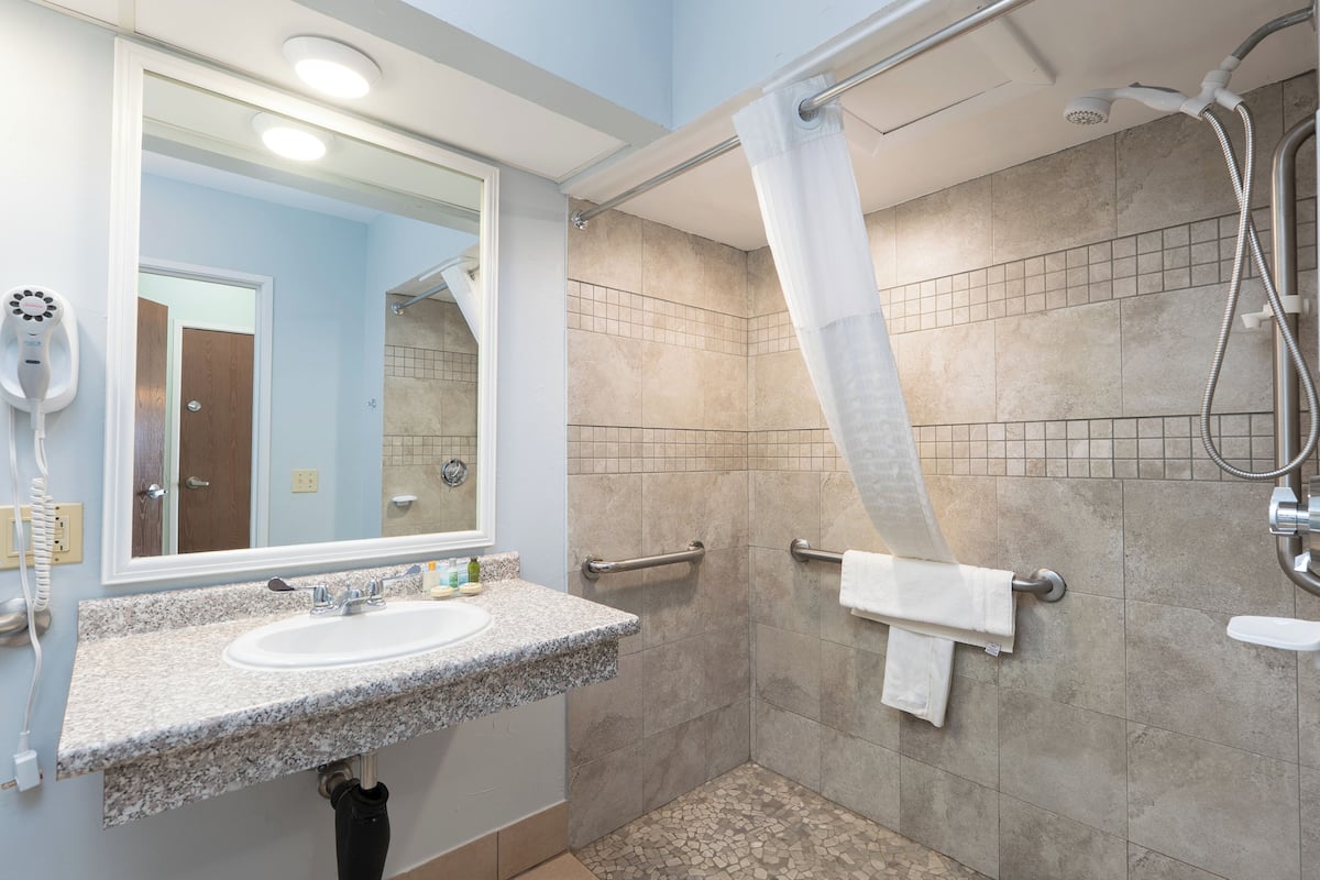 standard room, 1 queen bed, accessible, bay view | bathroom | combined shower/bathtub, free toiletries, hair dryer, towels