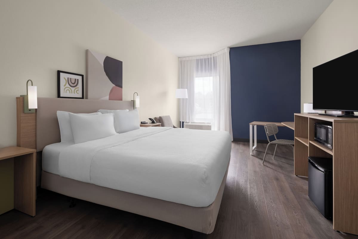 Quarto de hotel com uma cama grande, uma escrivaninha, televisão e micro-ondas.