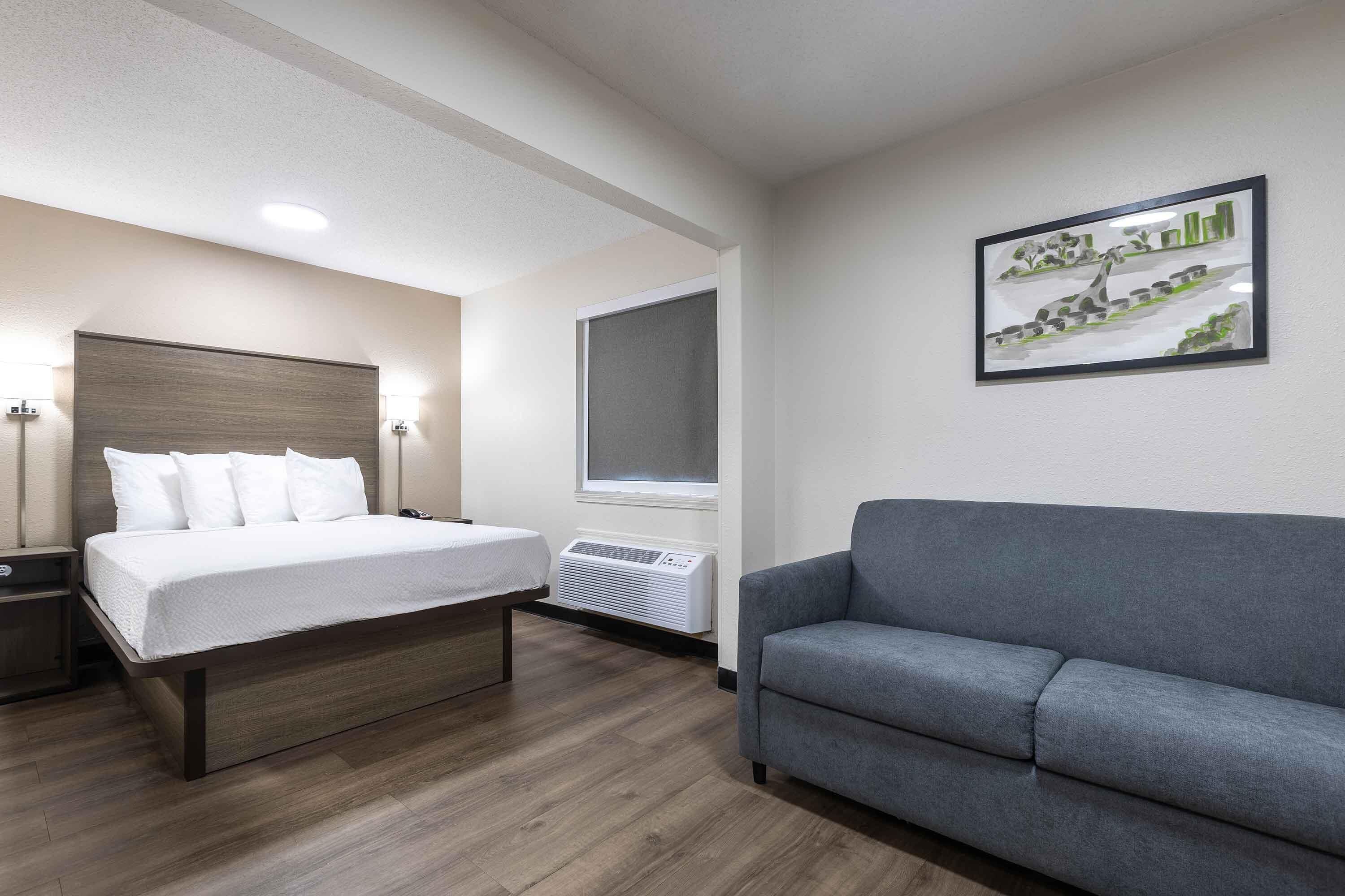 Una habitación de hotel con una cama, un sofá gris, un aire acondicionado de pared y un cuadro enmarcado.
