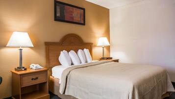 A hotel room with a bed, two bedside tables with lamps, a nightstand with a phone, and a framed picture on the wall.