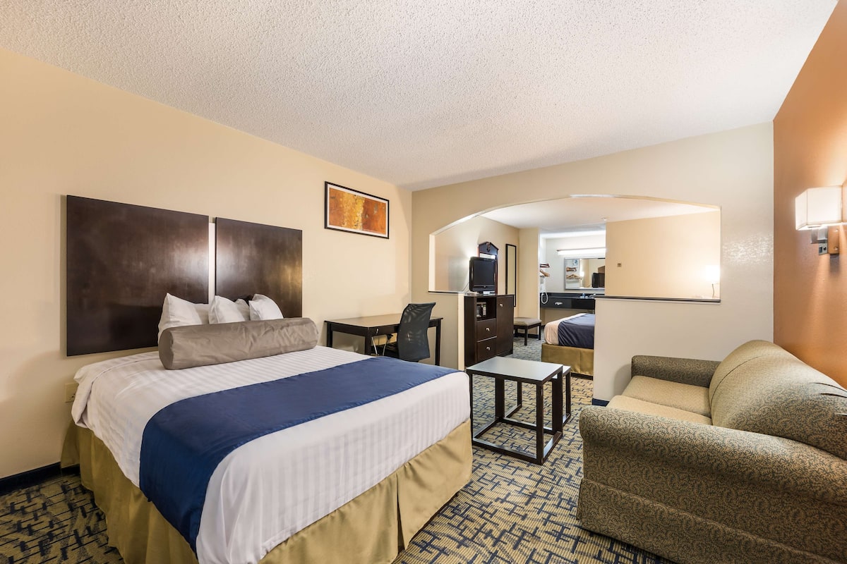 Une chambre d’hôtel avec un grand lit, un bureau, une chaise, un canapé, une petite table et un miroir.